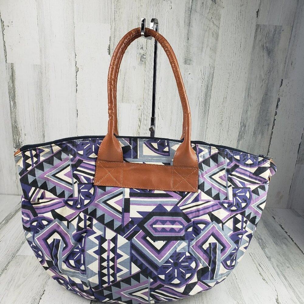 Multi-tone Purple Canvas Aztec Geometric Printed Tote Bag Women's Purse